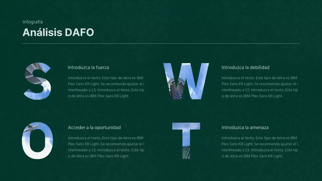 Gráfico DAFO de textura sencilla en verde y blanco