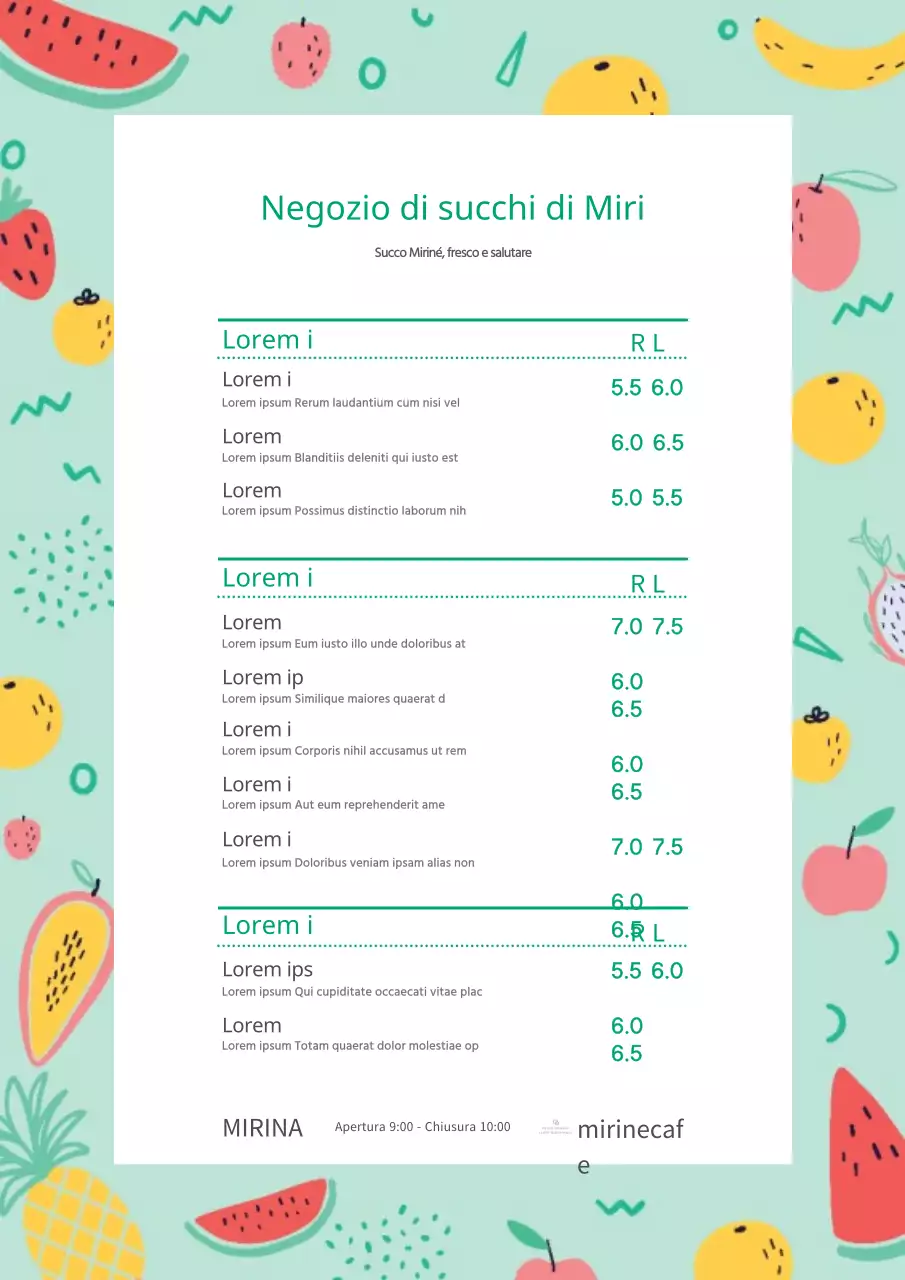 Carino il menu da tavola con cornice di frutta