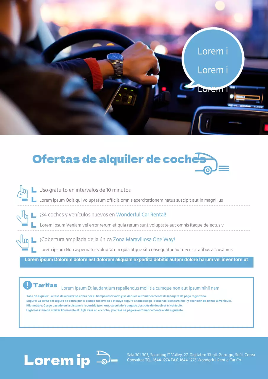 Información y promoción limpias del alquiler de coches con una foto azul del conductor