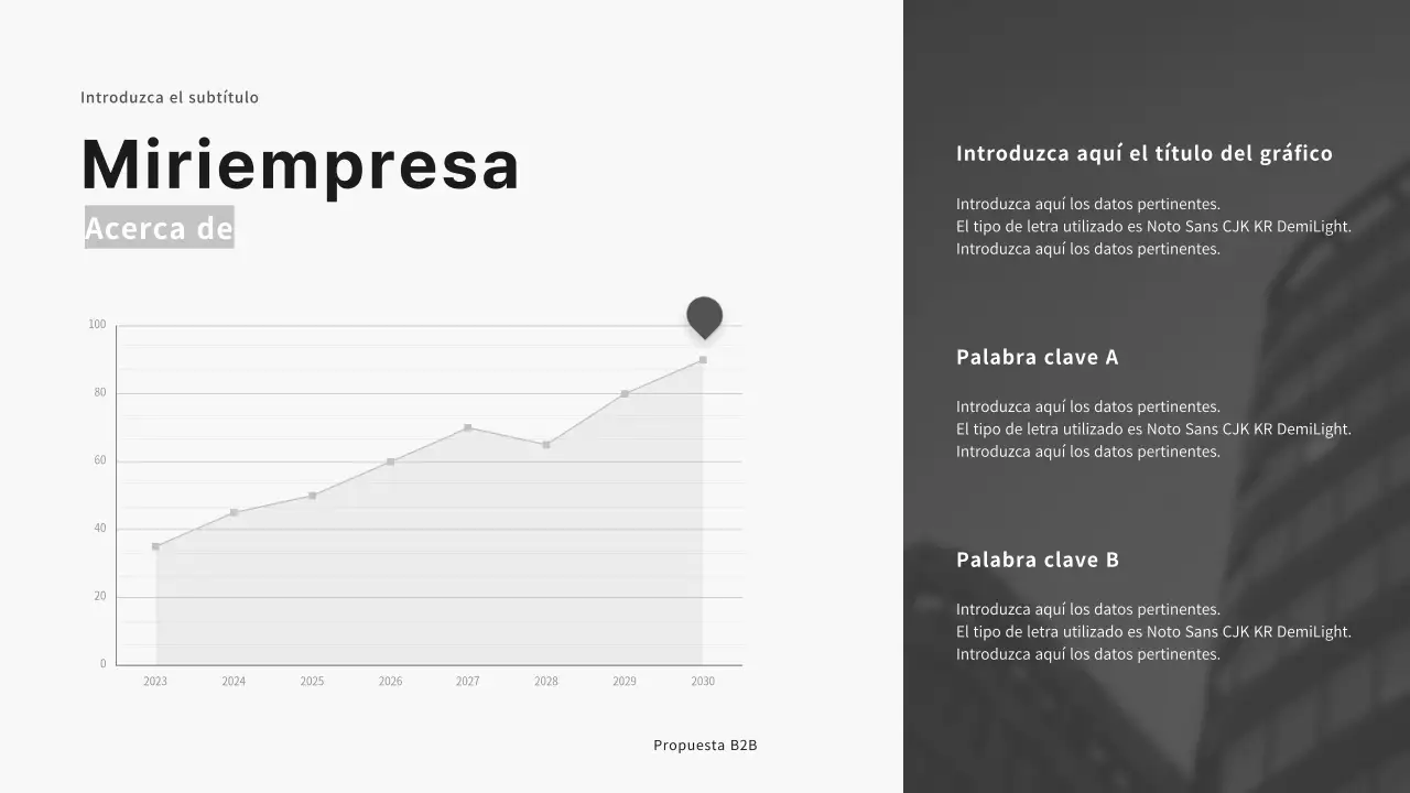 Presentación de propuesta corporativa B2B en tonos negros y grises