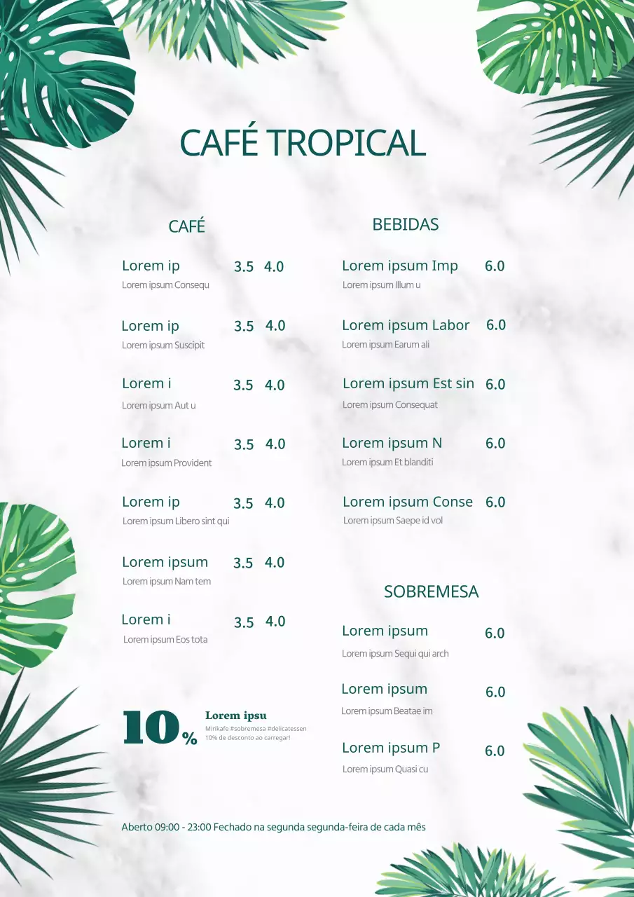 Menus de bebidas de cafés com ilustrações tropicais