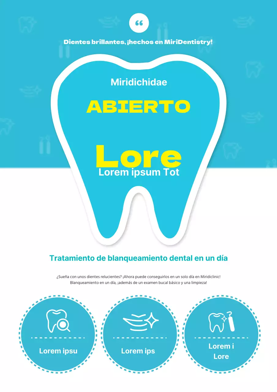 Evento dental abierto con ilustraciones azules en forma de diente