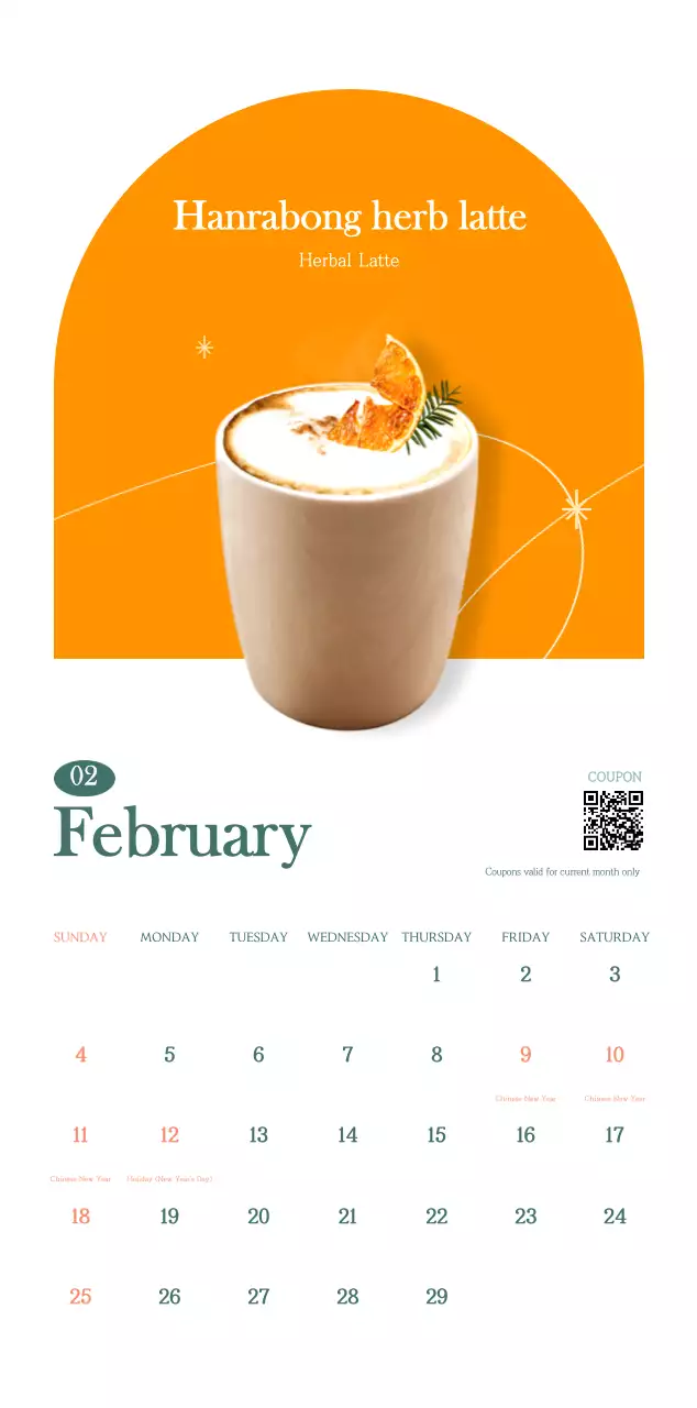 Cafe calendar with drink of the month recommendations