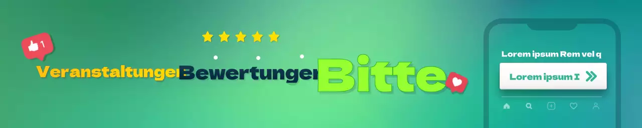 Review Event-Promotion-Banner, horizontales Rechteck mit frischem grünem und gelbem Farbschema und einem Titelschwerpunkt