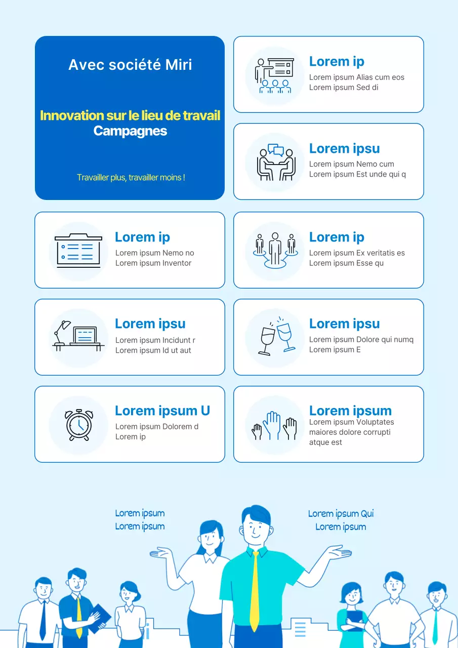 Affiche illustrée de couleur bleue pour une campagne interne sur l'innovation sur le lieu de travail.