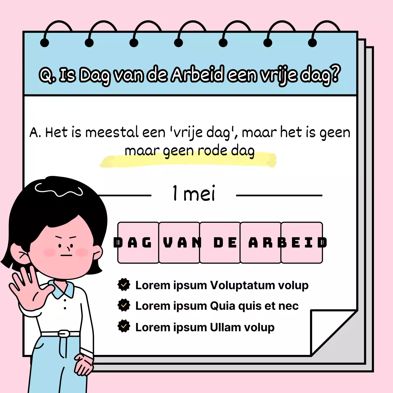 Leer bank holiday trivia met een pastelkleurig, sprankelend vrouwelijk personage