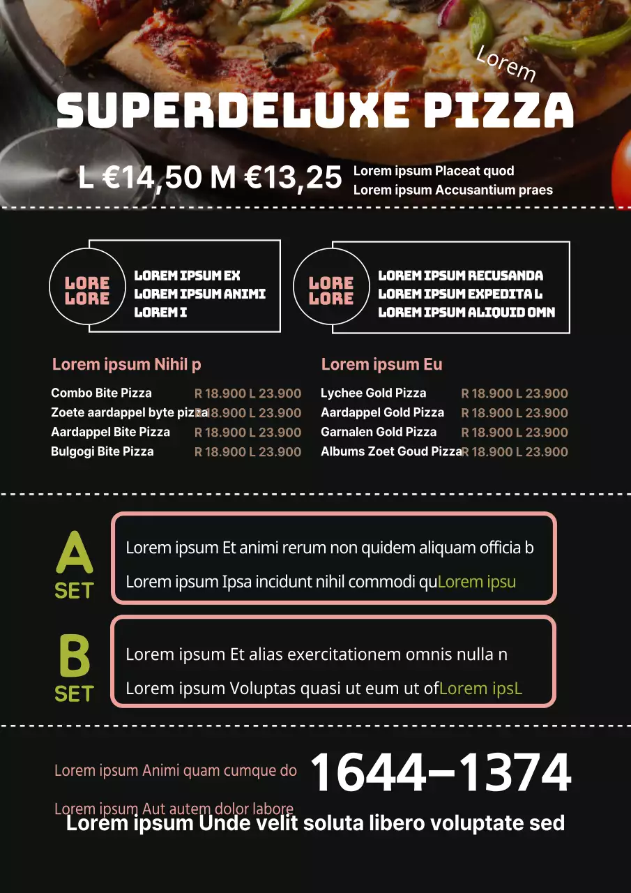 Menutafel met een zwarte pizzafoto