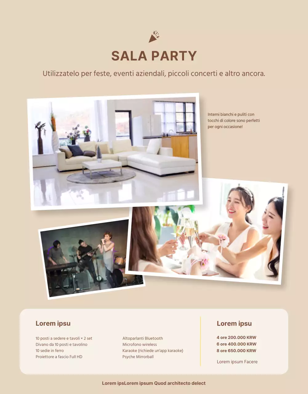 Due stili in morbide tonalità beige Guida alla prenotazione dell'affitto di una cucina condivisa e di una sala per feste