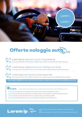 Informazioni e promozione sul noleggio auto pulito con una foto blu del conducente