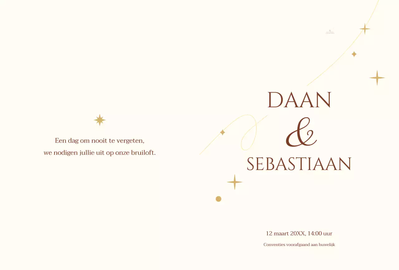 Een sentimenteel concept huwelijksuitnodiging met een lichtgele ster en lijnillustratie