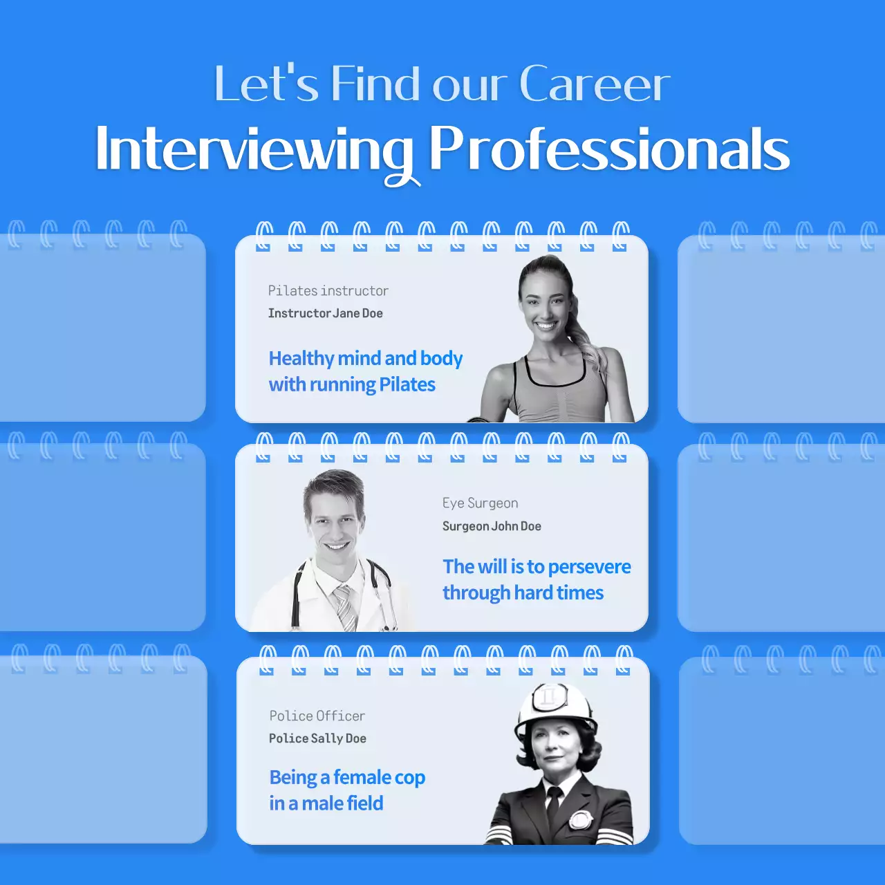 블루컬러의 배경과 심플한 화이트컬러를 응용한 깔끔하게 배치된 진로탐색을 위한 현직자 인터뷰