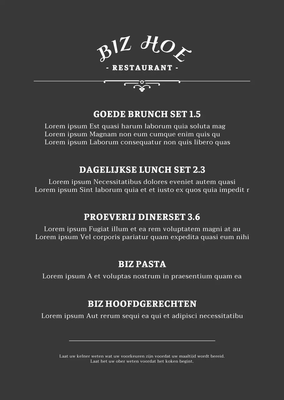 Een eenvoudig concept in zwart-witMenuplanning en prijzen