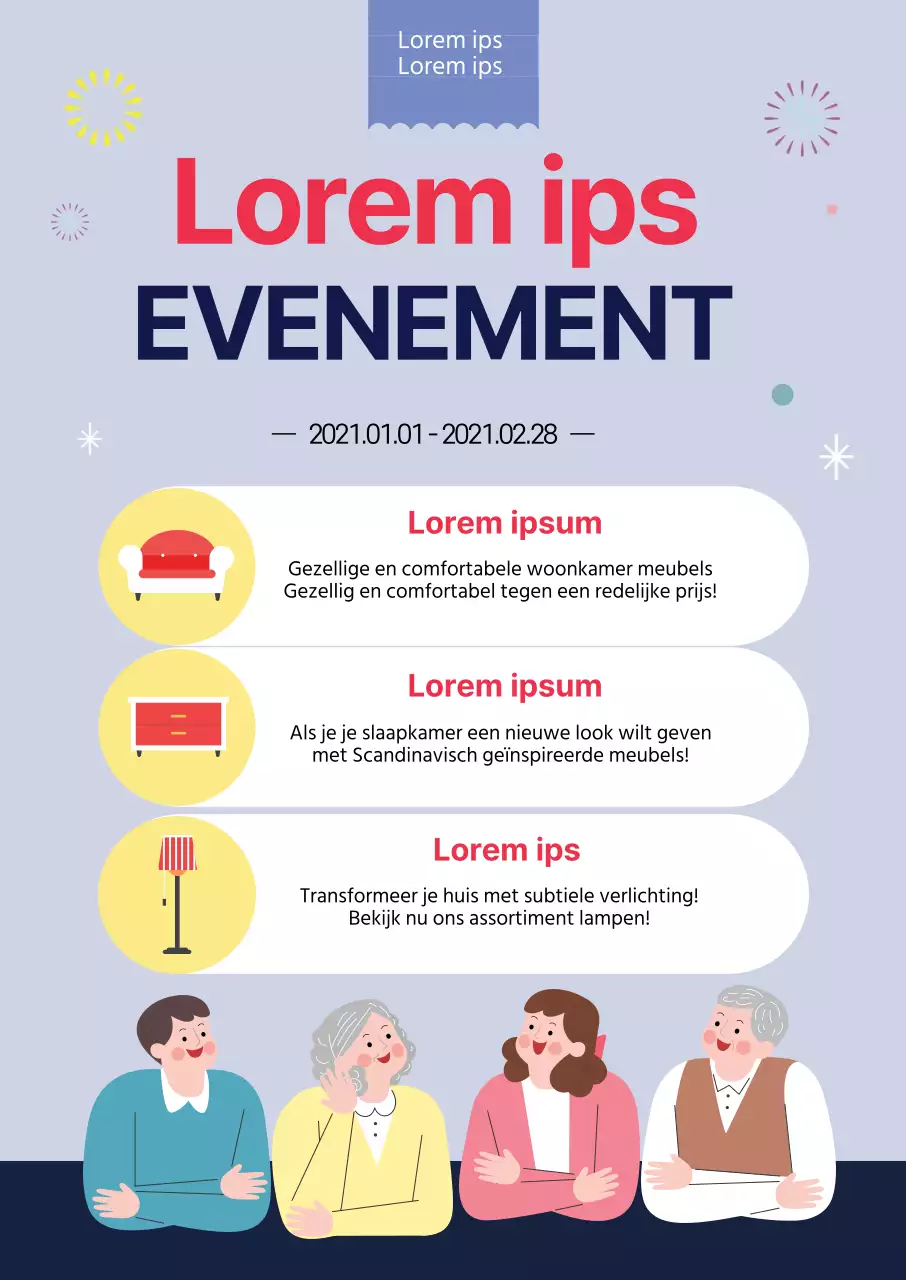 blauwe illustratie schoon meubilair interieur verkoop evenement promotie