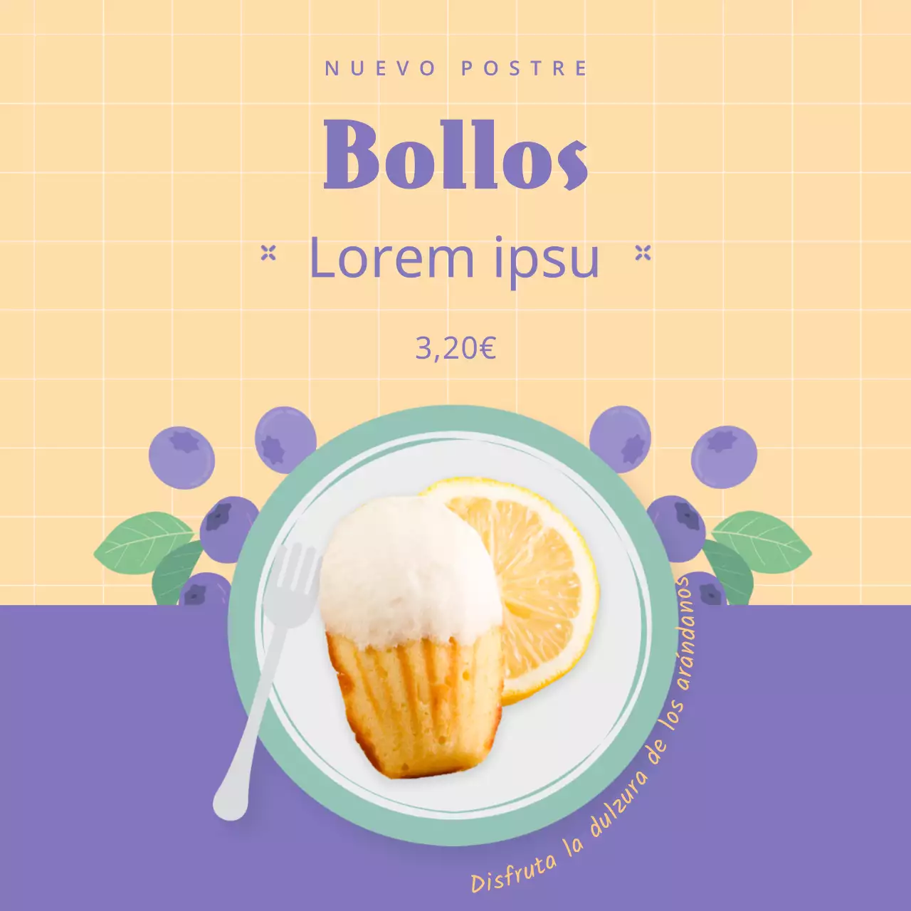 Una carta de postres de bollos con fotos en color púrpura y marfil