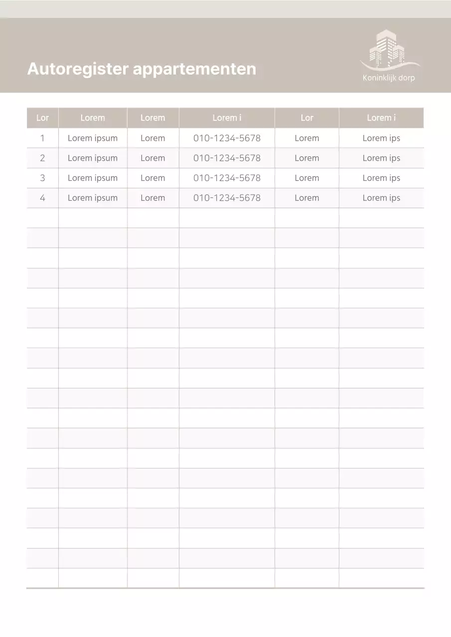 Beige appartement huurder wagenparkregister Bewaker kantoor wagenparkbeheer