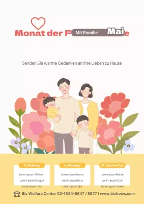 Ein schöner konzeptioneller Leitfaden für Familienjubiläen im Mai mit gelben und rosa Blumen und Illustrationen von Familien