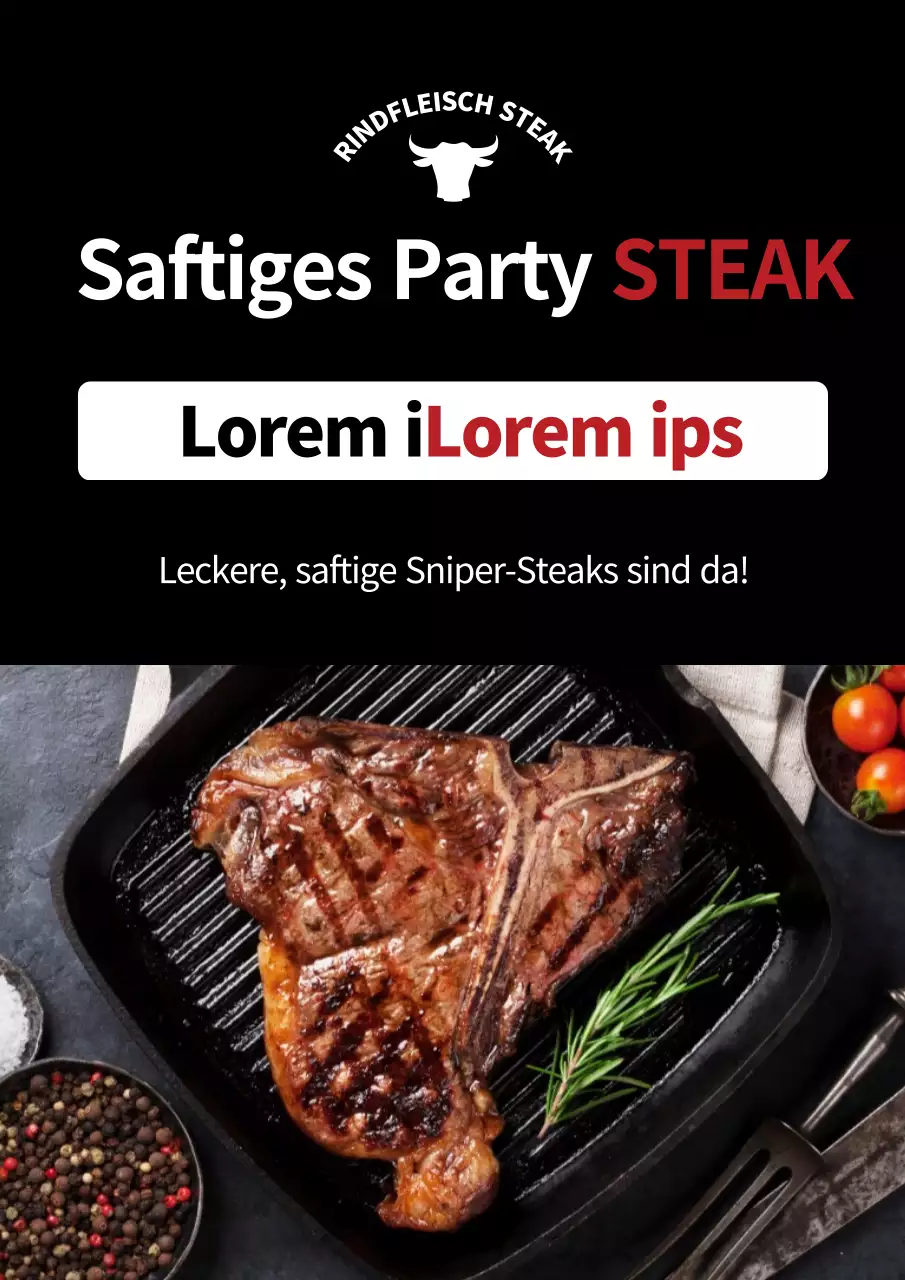 Einfache Steakhouse-Rabattaktion mit einem schwarzen Foto eines Steaks