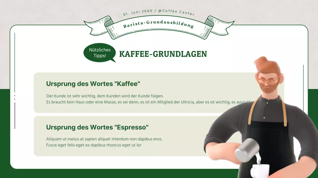 Barista-Schulung mit grünen 3D-Illustrationen