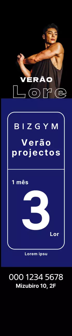 Cartaz de evento de verão com quadrados azuis e um homem atlético sobre um fundo preto