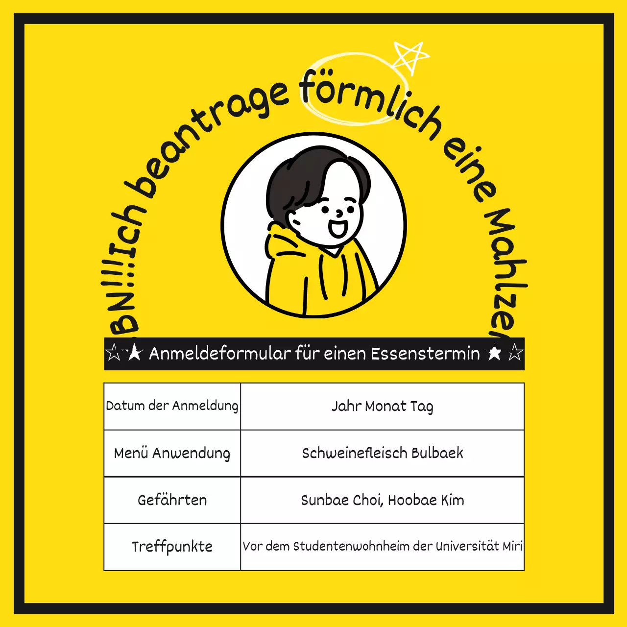 Ein niedliches, gelbes und lustiges Formular für die Anmeldung von Mahlzeiten