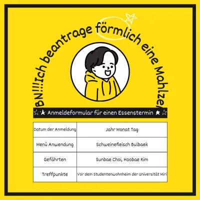 Ein niedliches, gelbes und lustiges Formular für die Anmeldung von Mahlzeiten