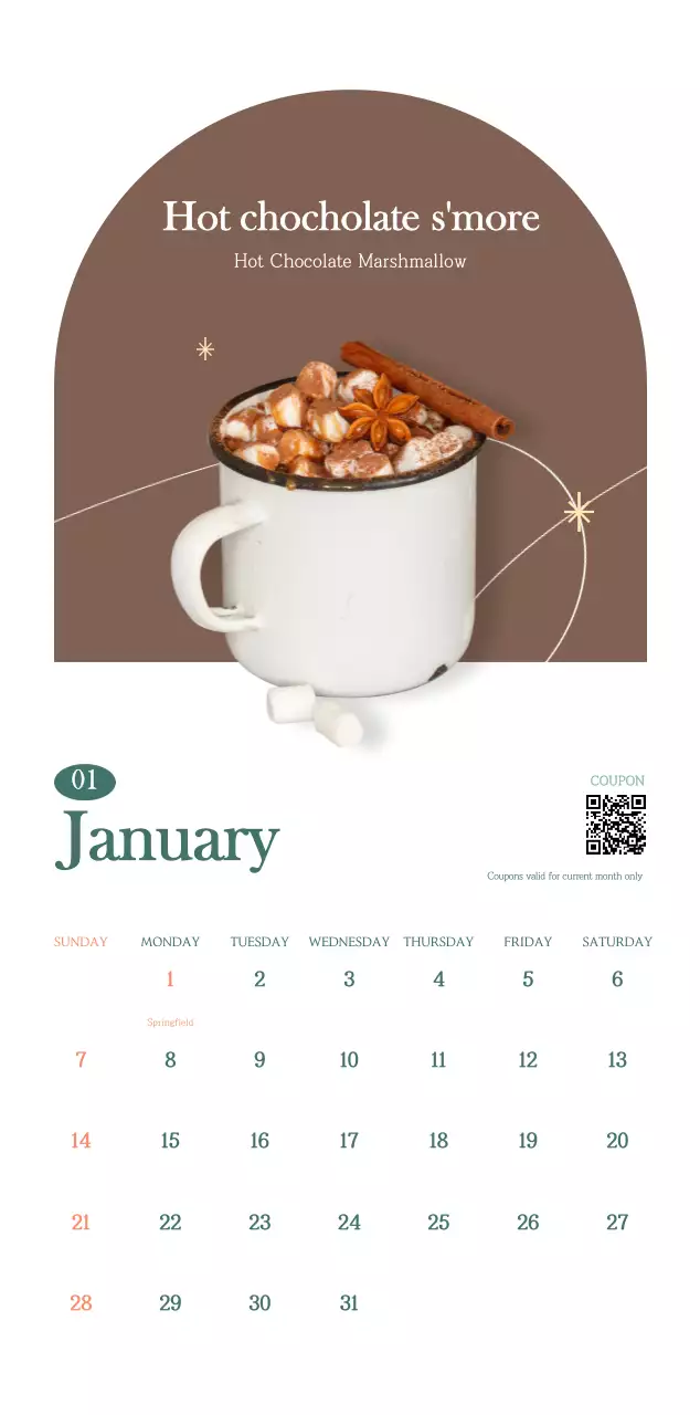 Cafe calendar with drink of the month recommendations