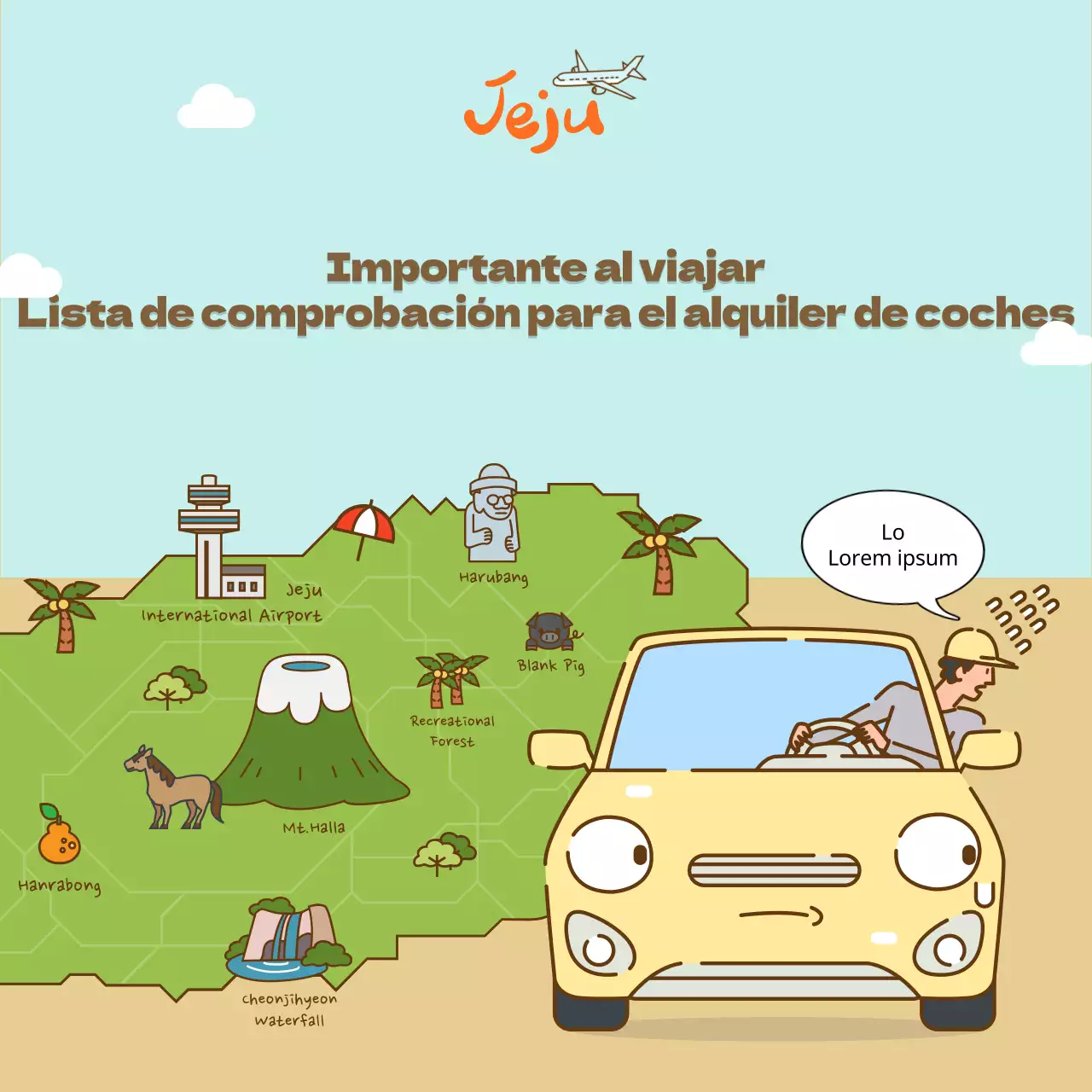 Lista de comprobación para alquilar un coche en la isla de Jeju con simpáticas ilustraciones Redes sociales
