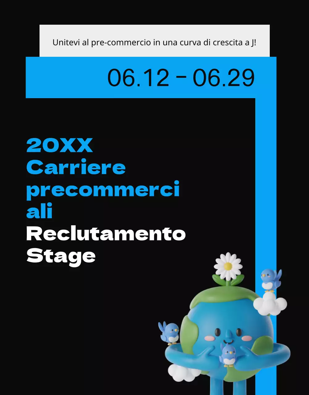 Concetto di brochure blu e nera, semplice e pulita, per il reclutamento di stagisti