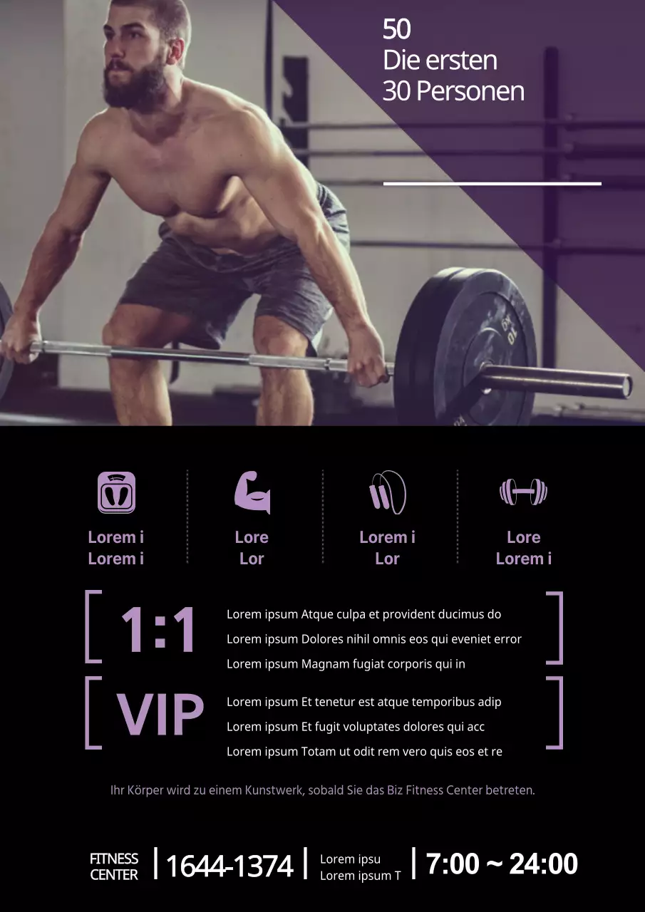 Einfaches Fitnessstudio: Wer zuerst kommt, mahlt zuerst - Rabattaktion mit einem lila Foto eines trainierenden Mannes