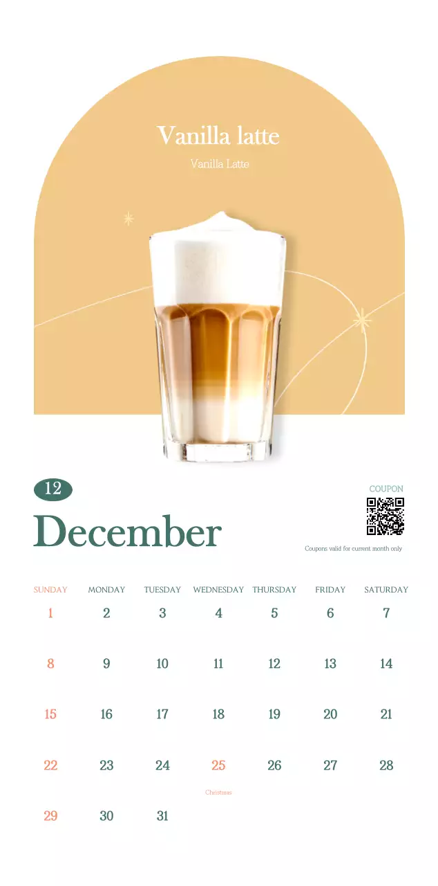Cafe calendar with drink of the month recommendations