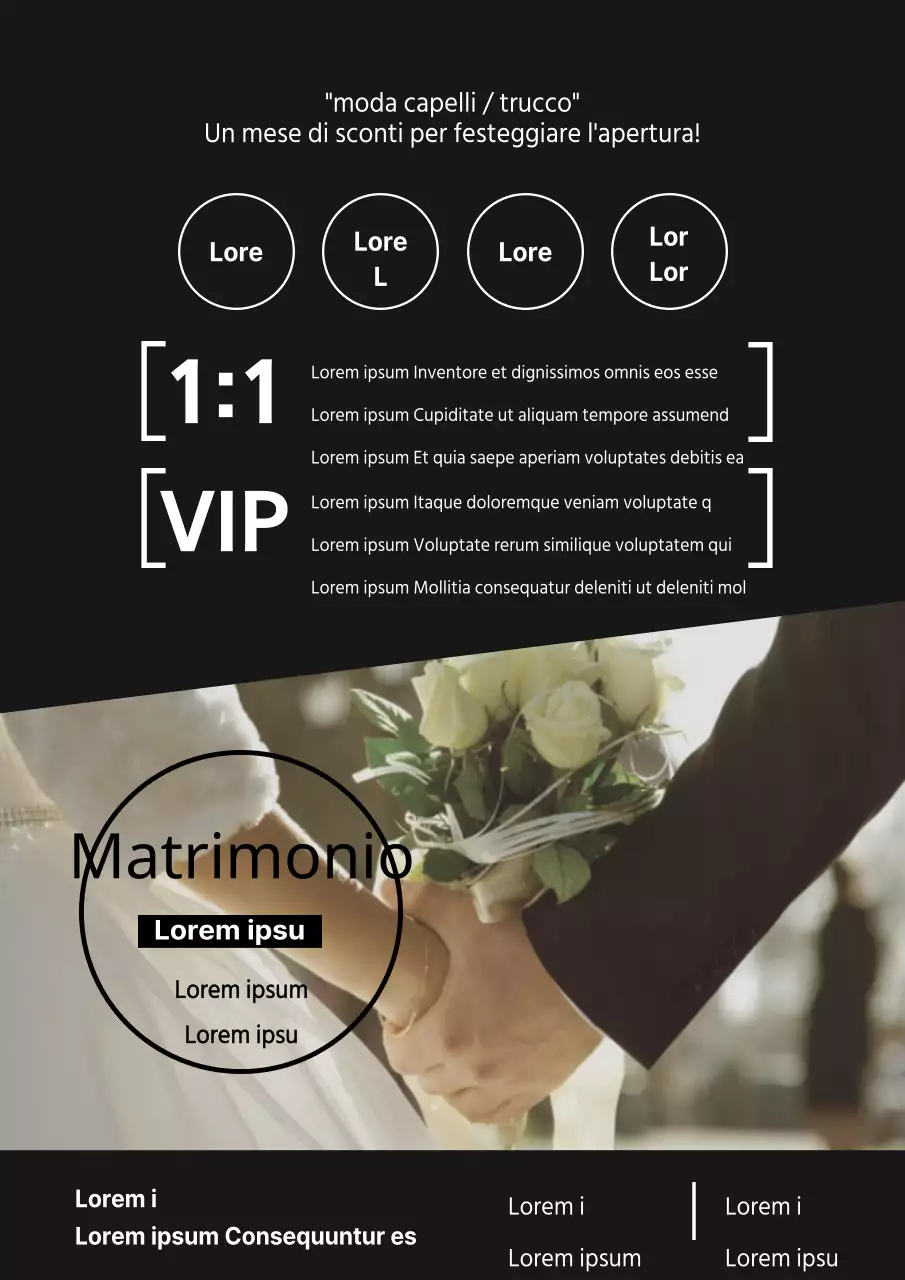 Volantino promozionale del pacchetto trucco e acconciatura da sposa nero ed elegante