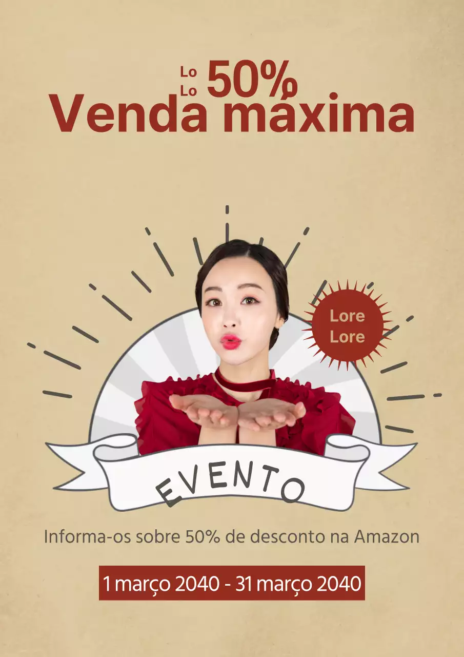 Folheto simples em bege e vermelho para um evento de saldos com preços reduzidos