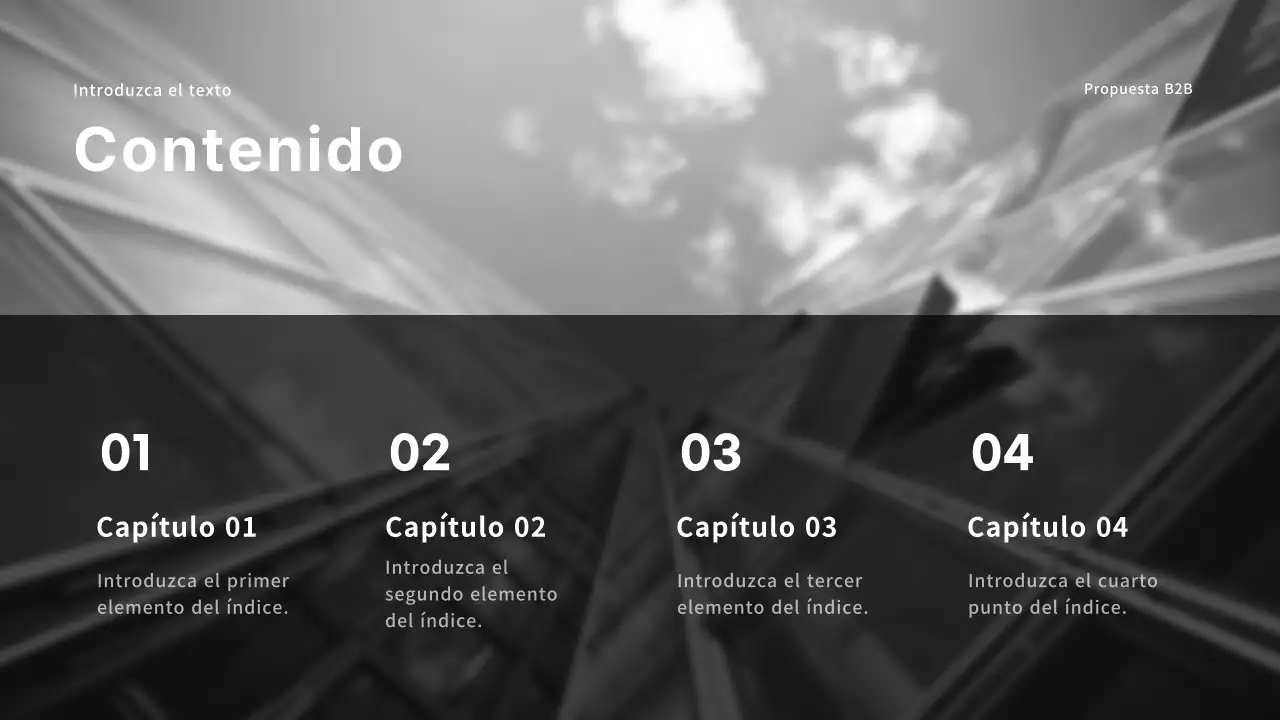 Presentación de propuesta corporativa B2B en tonos negros y grises