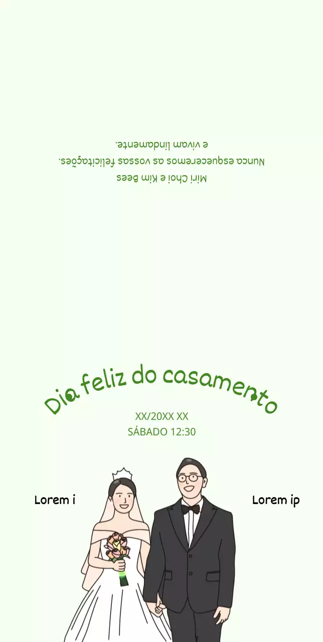 Convite de casamento dos noivos de mãos dadas sobre um fundo verde claro