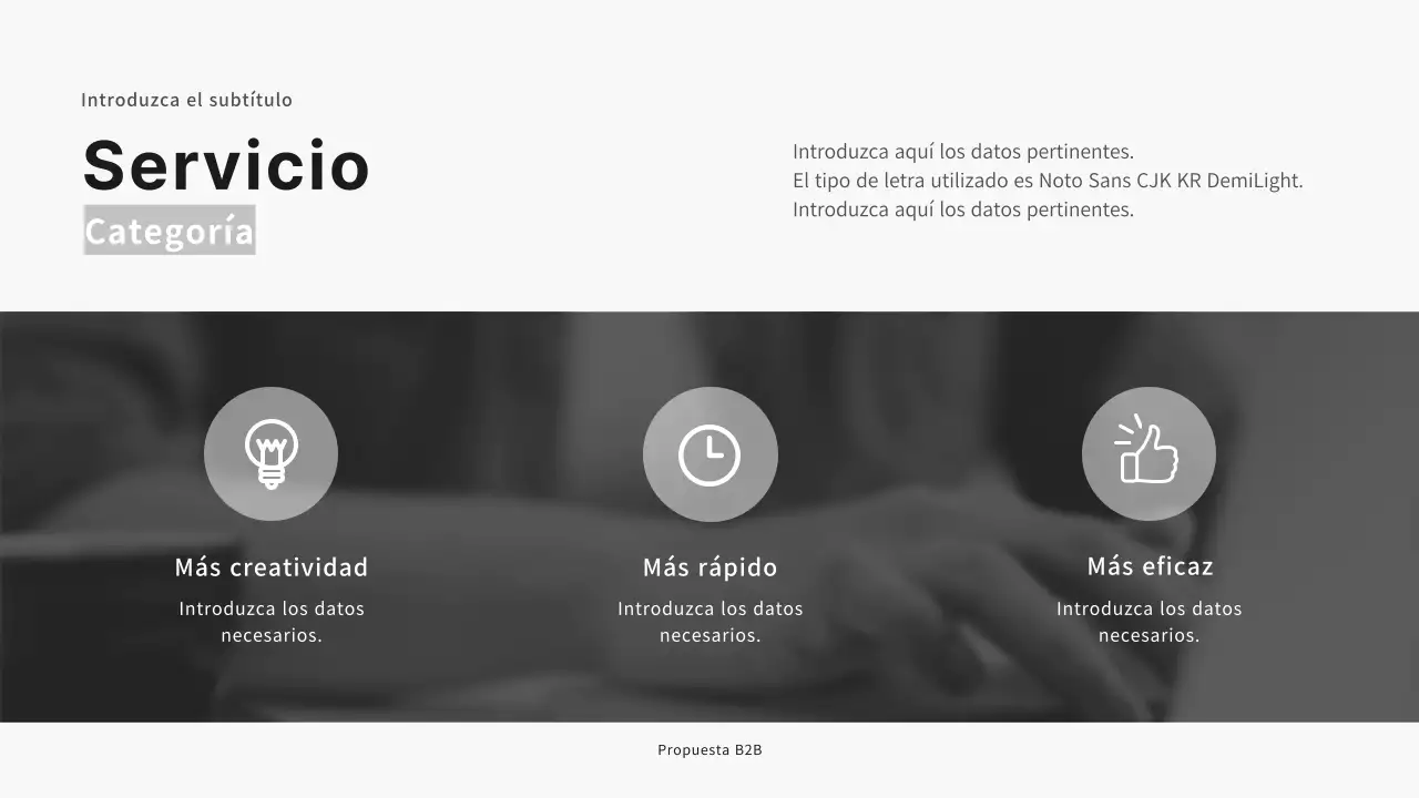 Presentación de propuesta corporativa B2B en tonos negros y grises