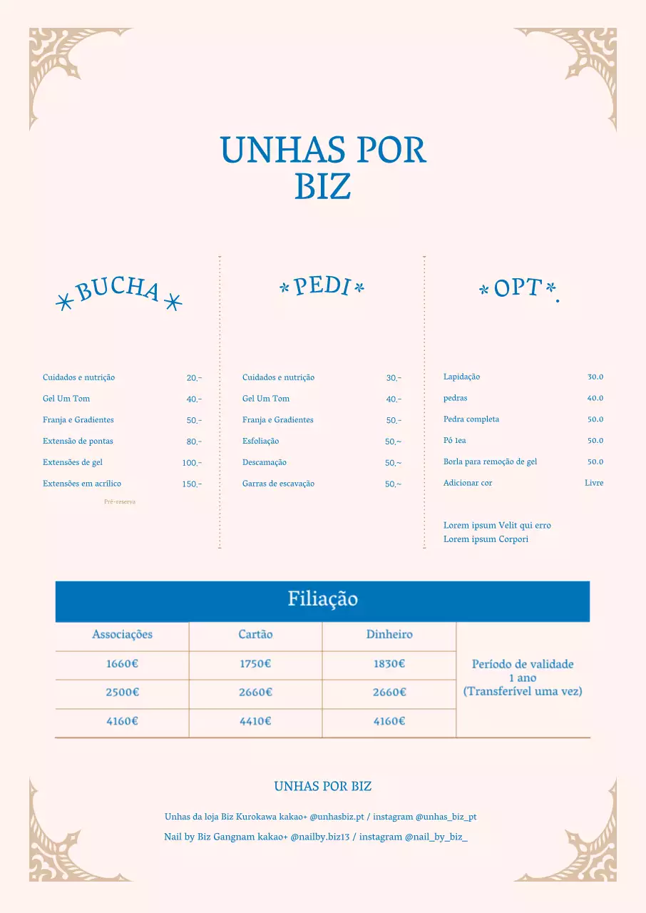 Um quadro de menu de um salão de unhas com um toque de classe