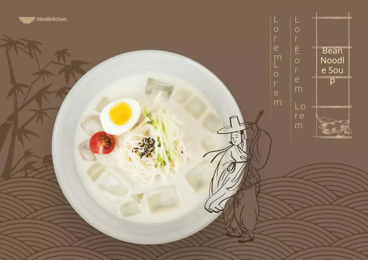 Summer menu with a dark brown background and oriental illustrations