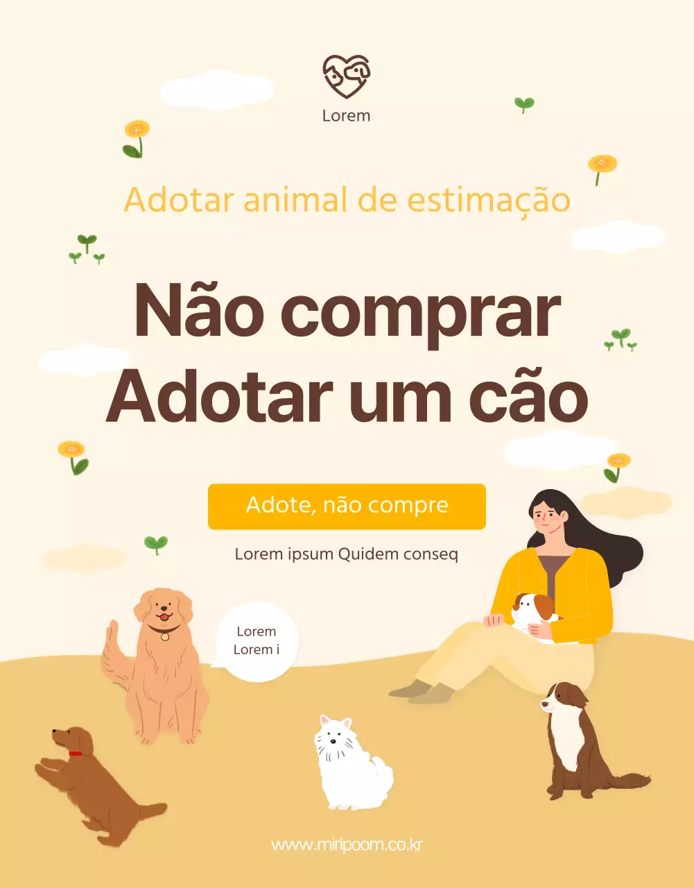 Página de pormenor do posto de adoção ilustrada com tons castanho-amarelados