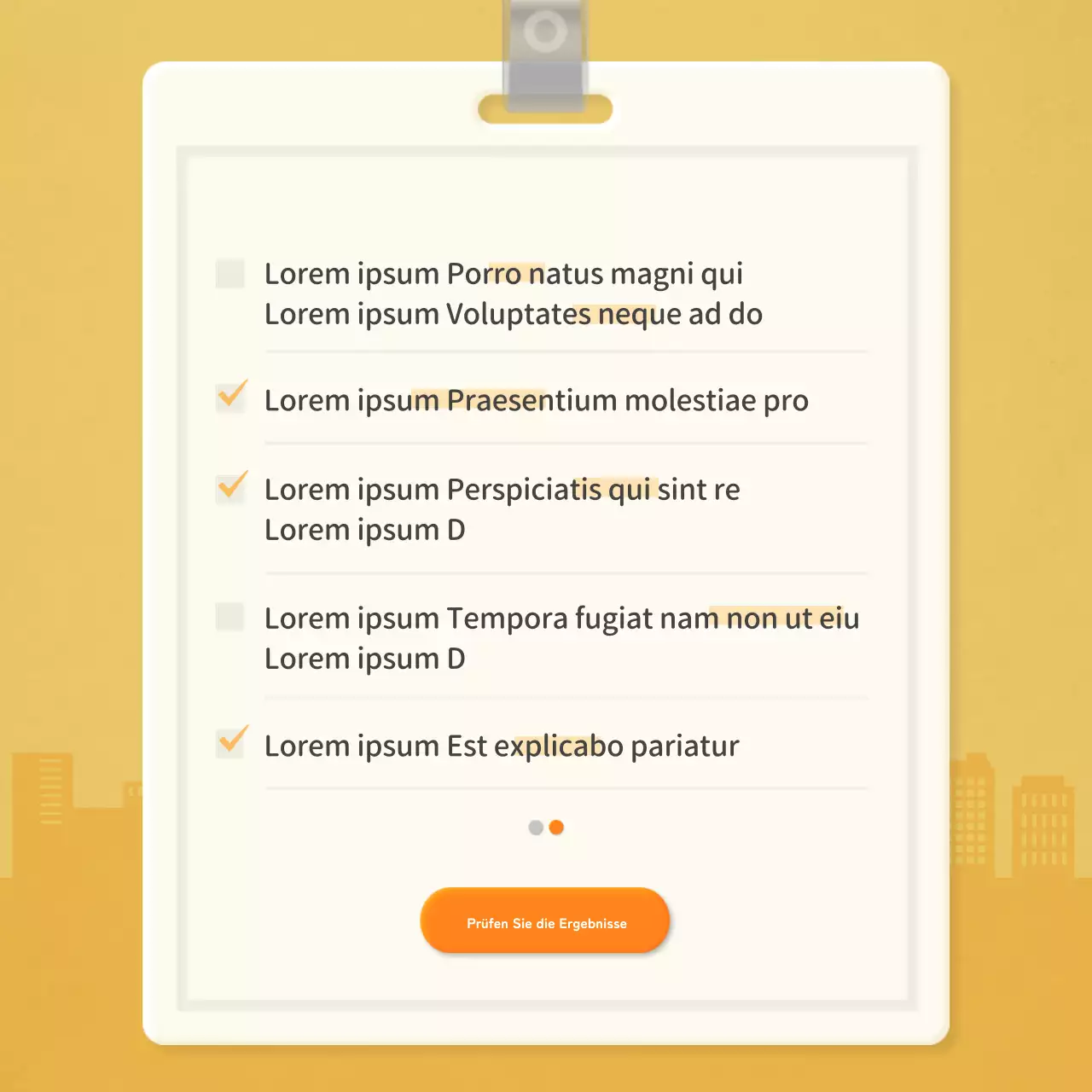 Checkliste für die Arbeitsebene mit orangefarbenem Mitarbeiterkartenkonzept