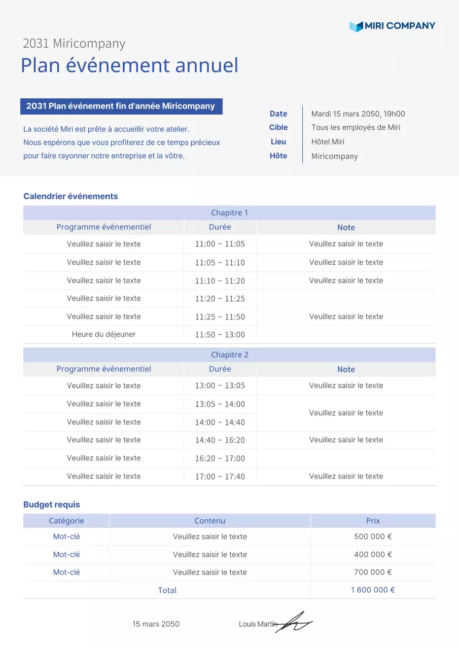 Un plan de cérémonie de clôture simple dans des tons gris et bleus sourds
