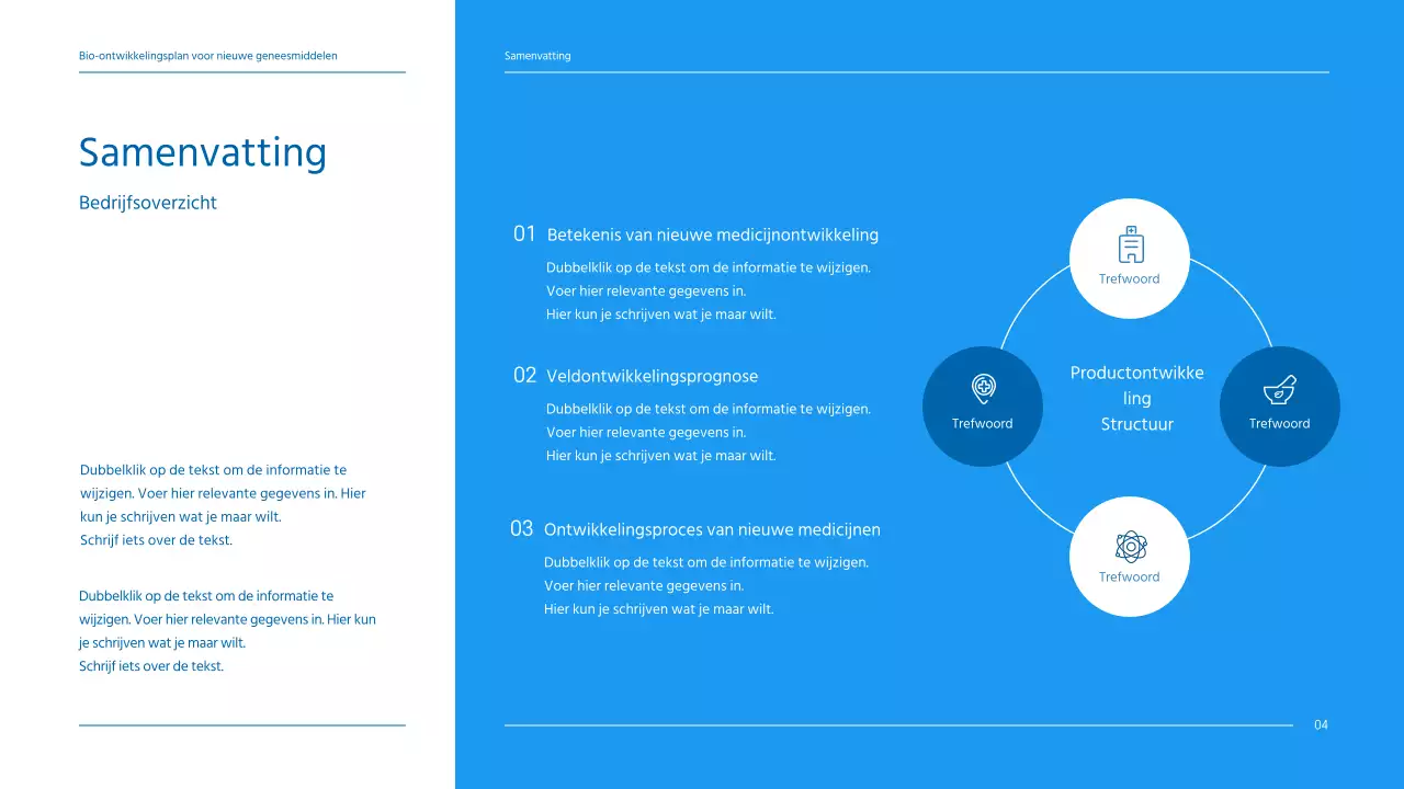 Een strak, blauw getint businessplan voor een farmaceutisch bedrijf dat een nieuw medicijn ontwikkelt.