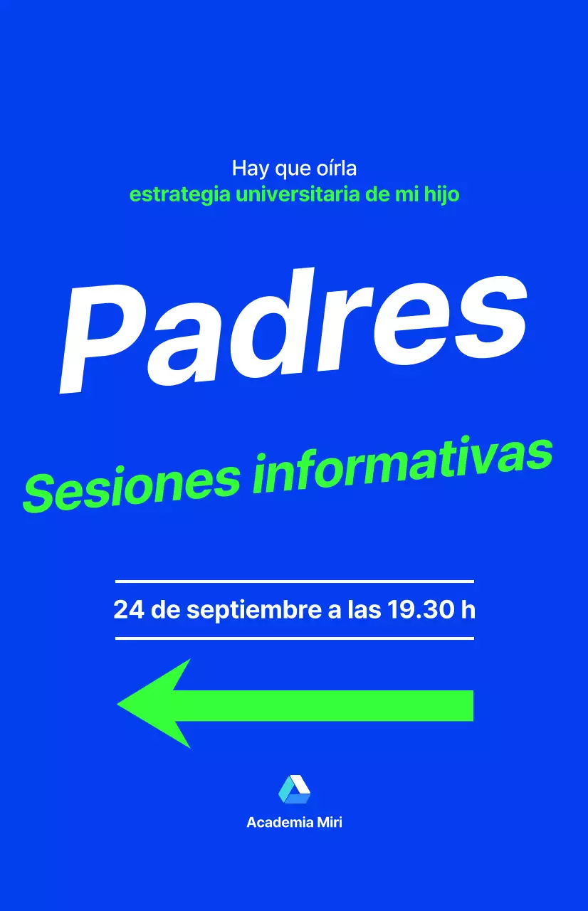 Sesión informativa de una academia para padres de alumnos de secundaria, con texto resaltado en azul y colores de acento fluorescentes.