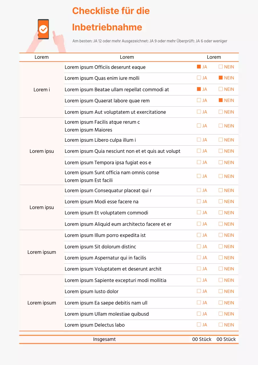 Dokumentation der orangefarbenen Checkliste für den Startvorgang