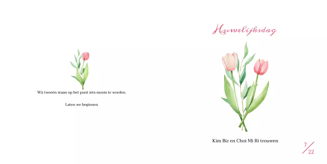 Eenvoudige huwelijksuitnodiging met roze tulpen op een witte achtergrond