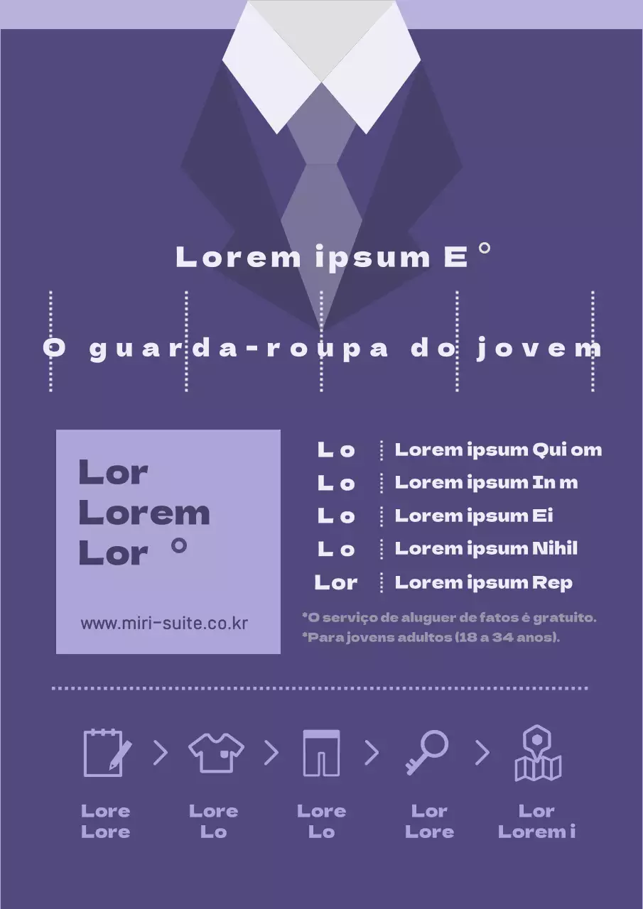 Instruções para o aluguer de um fato de entrevista roxo e branco para jovens adultos