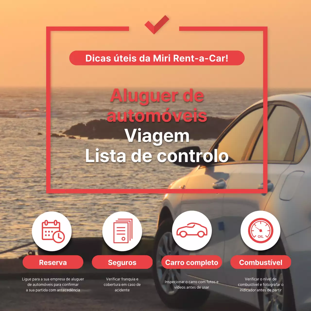 Lista de verificação do aluguer de automóveis para viajar em pontos vermelhos Redes sociais