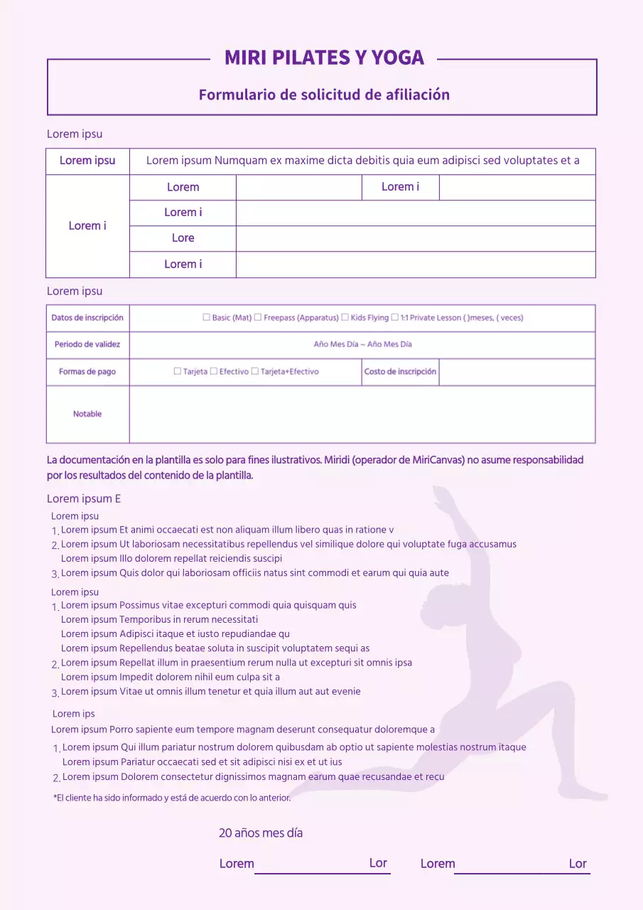 Mauve Pilates Yoga Membresía Formulario de Solicitud Contrato Lecciones de Entrenamiento Términos y Condiciones de Membresía