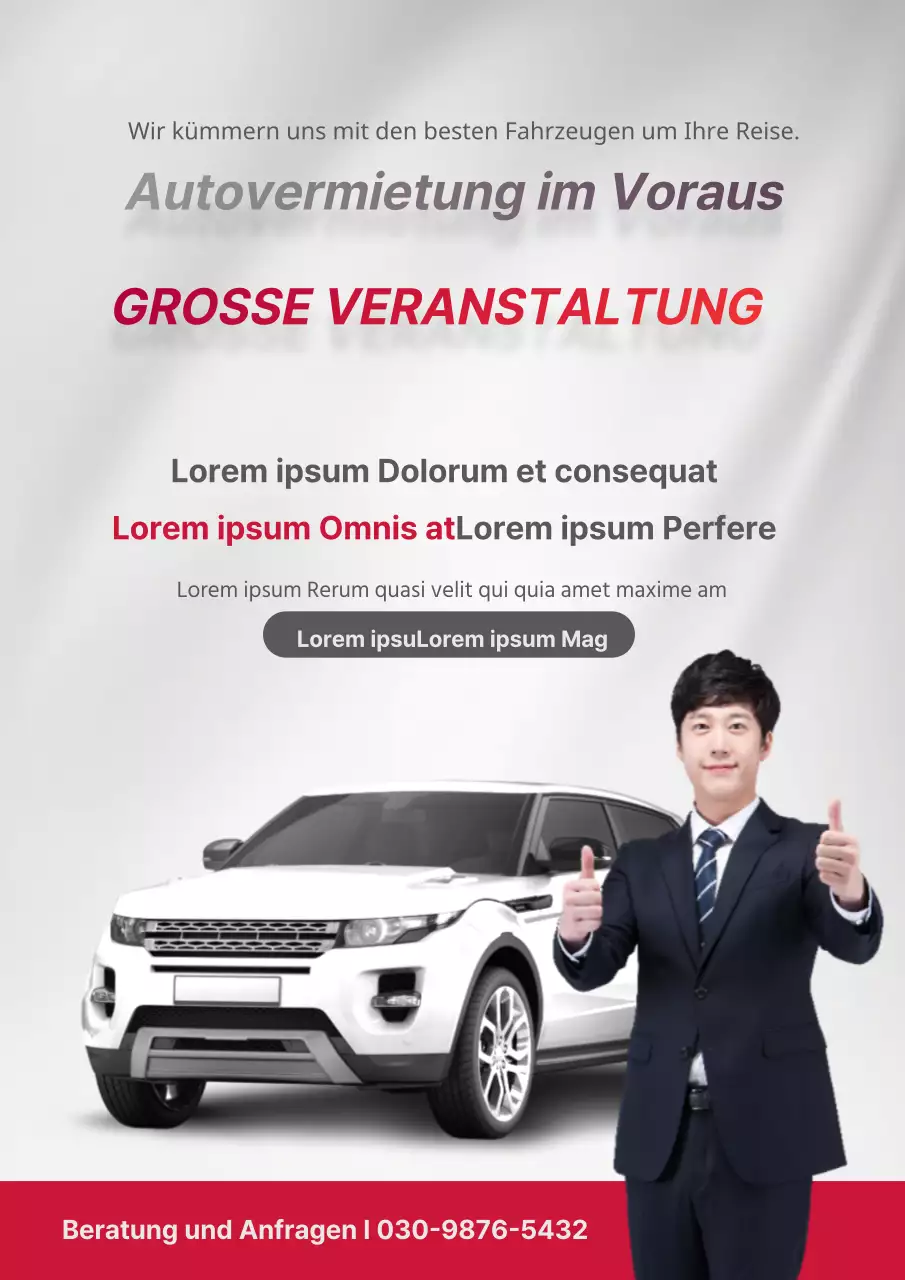 Werben Sie mit einem Foto eines roten und grauen Autos für einen Mietwagenrabatt