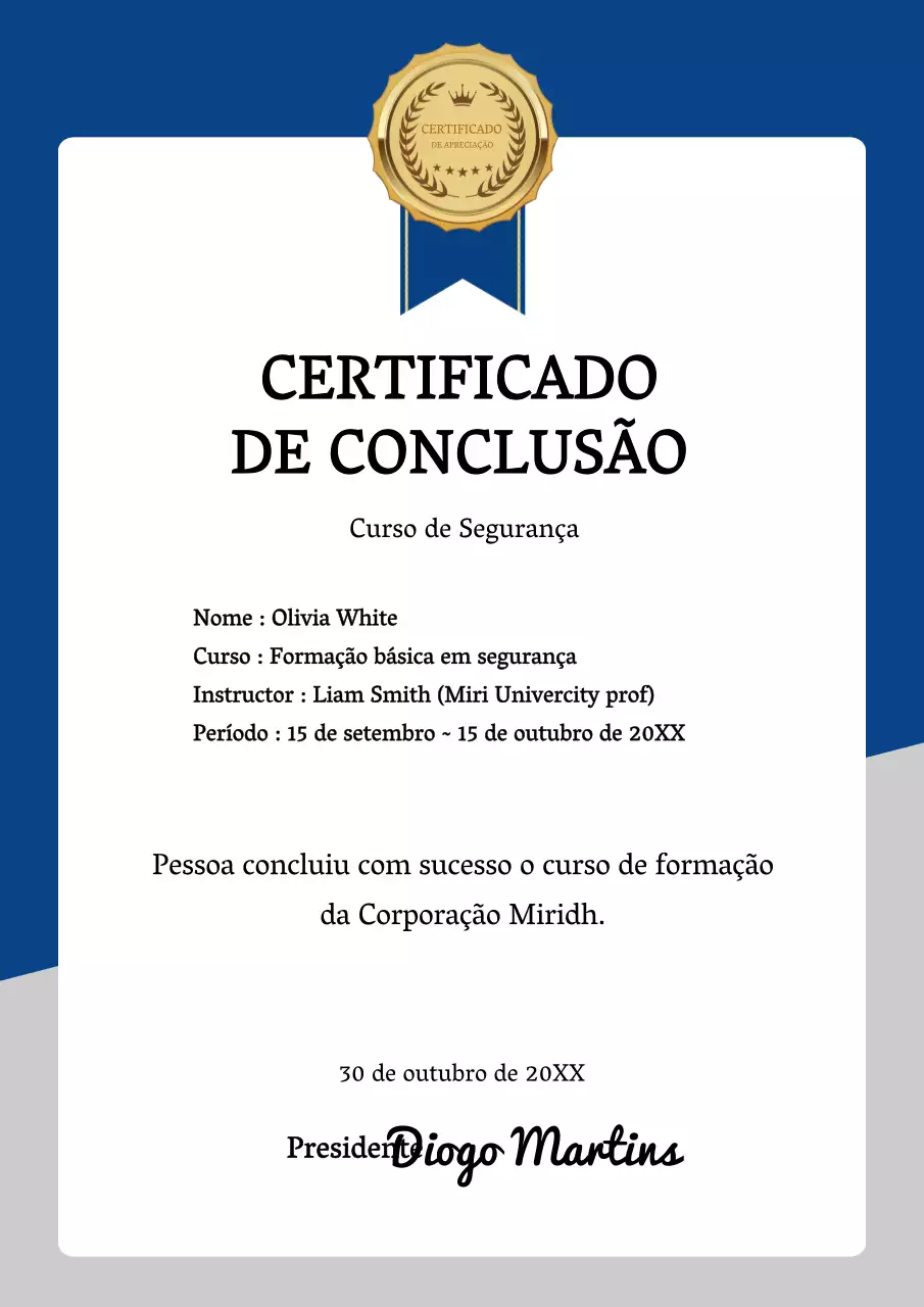 Certificado de conclusão da formação em segurança contra a sodomia Modelo de documento comercial listado