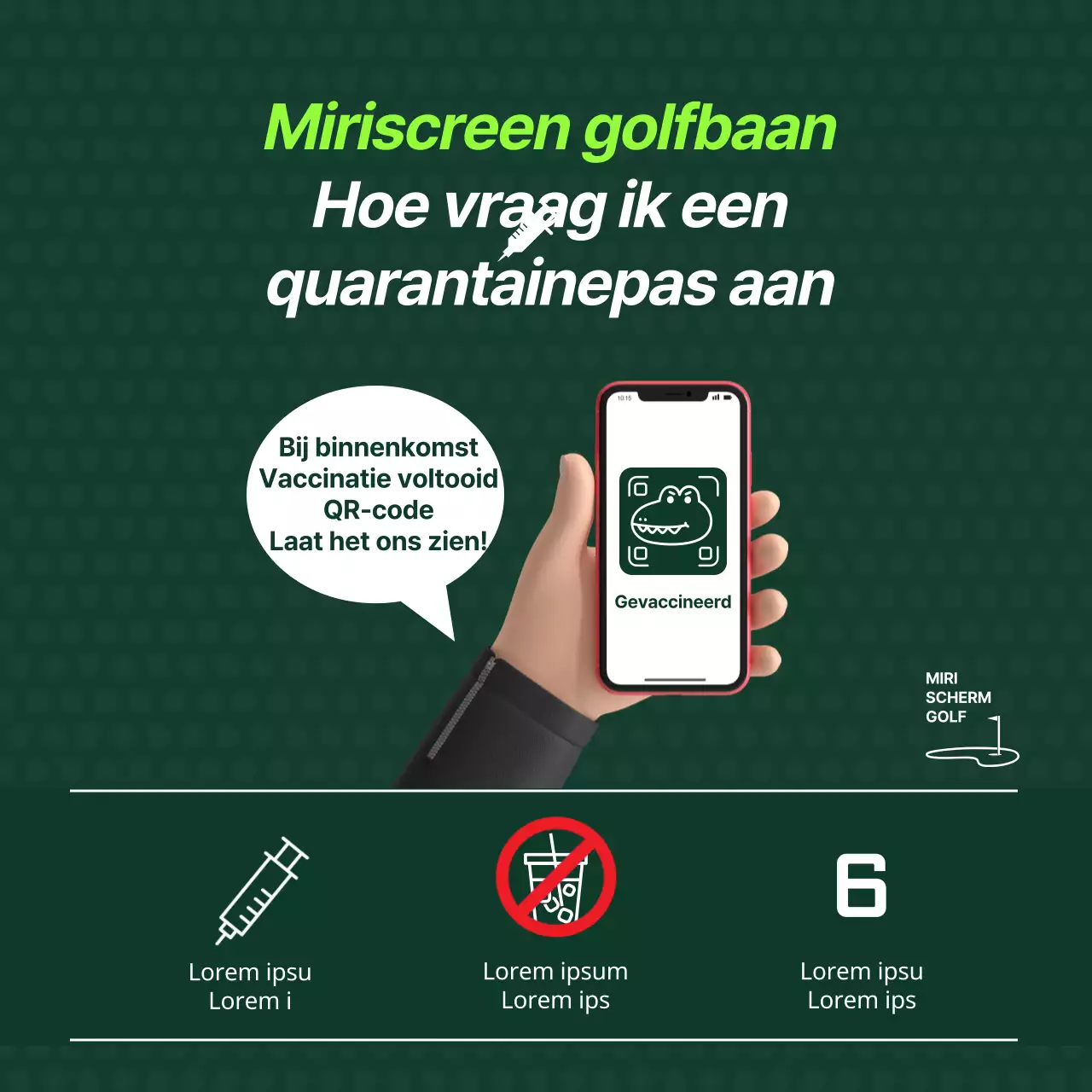 Aankondiging van de toepassing van het scherm golfbaan quarantaine pas met een rustgevend groen illustratie concept